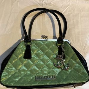 Lux de Ville Bon Voyage Kiss Lock Purse Black and Baby Green Sparkle